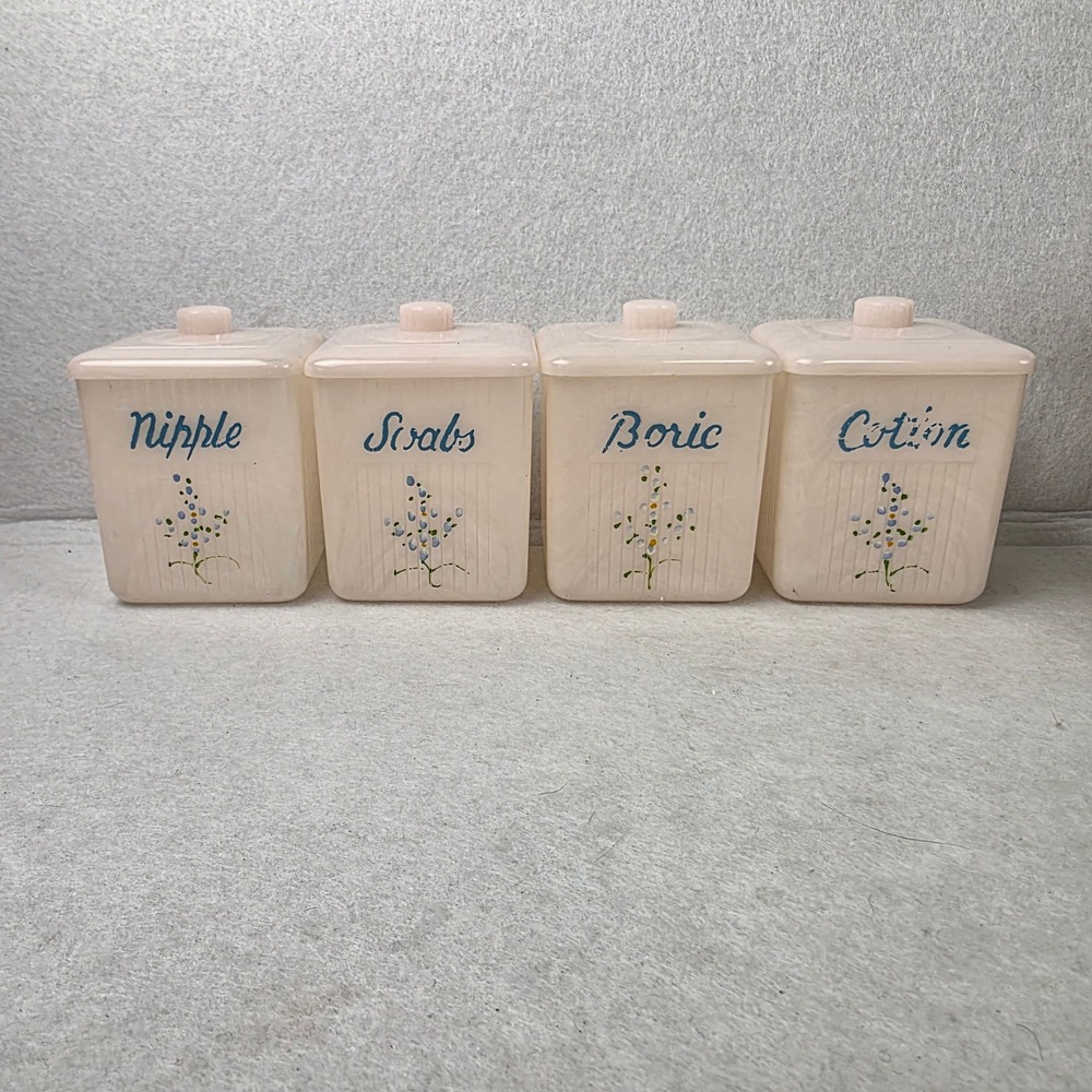 Vintage Charolite Medical Canister Set Nipple Swabs Boric Cotton USA 4 Pc